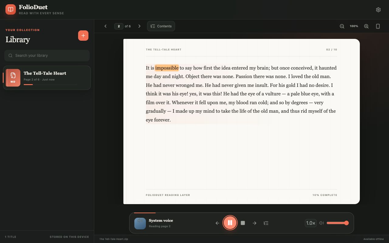 The FolioDuet reader highlighting a spoken word on the open page